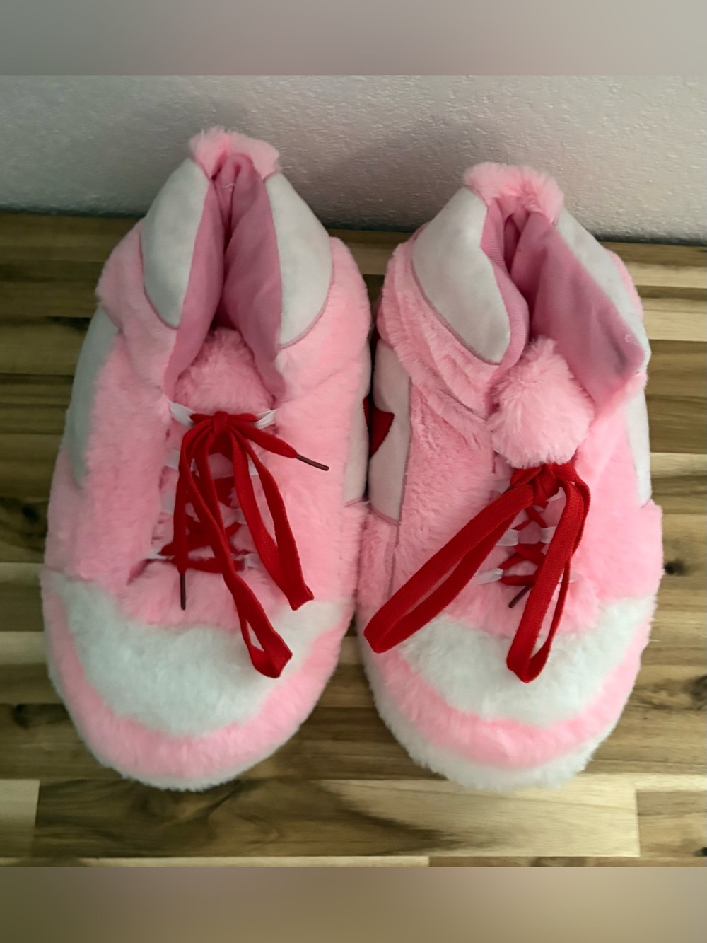 Plush Pink and White Women's Fuzzy Slipper Sneakers with Red Lace Detail